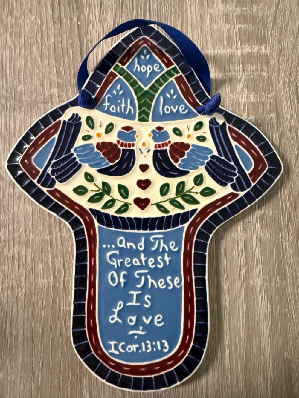 Hand-Painted Ceramic Wall Cross - Blue, Navy, Red, Green